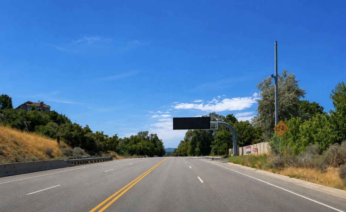 Overhead variable message sign spanning the roadway in Cottonwood Heights, Utah, with the sign face unlit, a bicycle route sign to the right, trees and grass lining both sides of the road, and a clay wall with signage visible on the right shoulder.