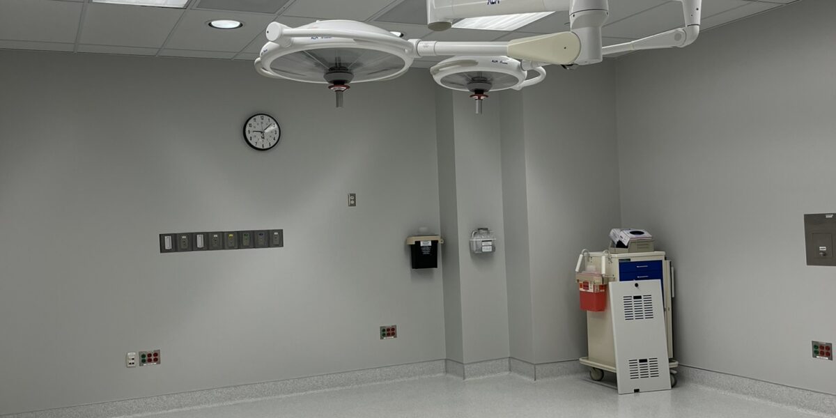 Empty operating room at Memorial Hospital Belleville with ceiling-mounted fan wall diffusers from the new air handler system
