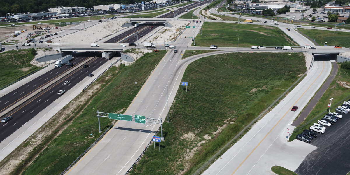 Aerial view of the I-270 North Design-Build improvements at the Lindbergh Boulevard interchange in St. Louis County, Missouri.