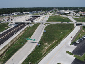 Aerial view of the I-270 North Design-Build improvements at the Lindbergh Boulevard interchange in St. Louis County, Missouri.